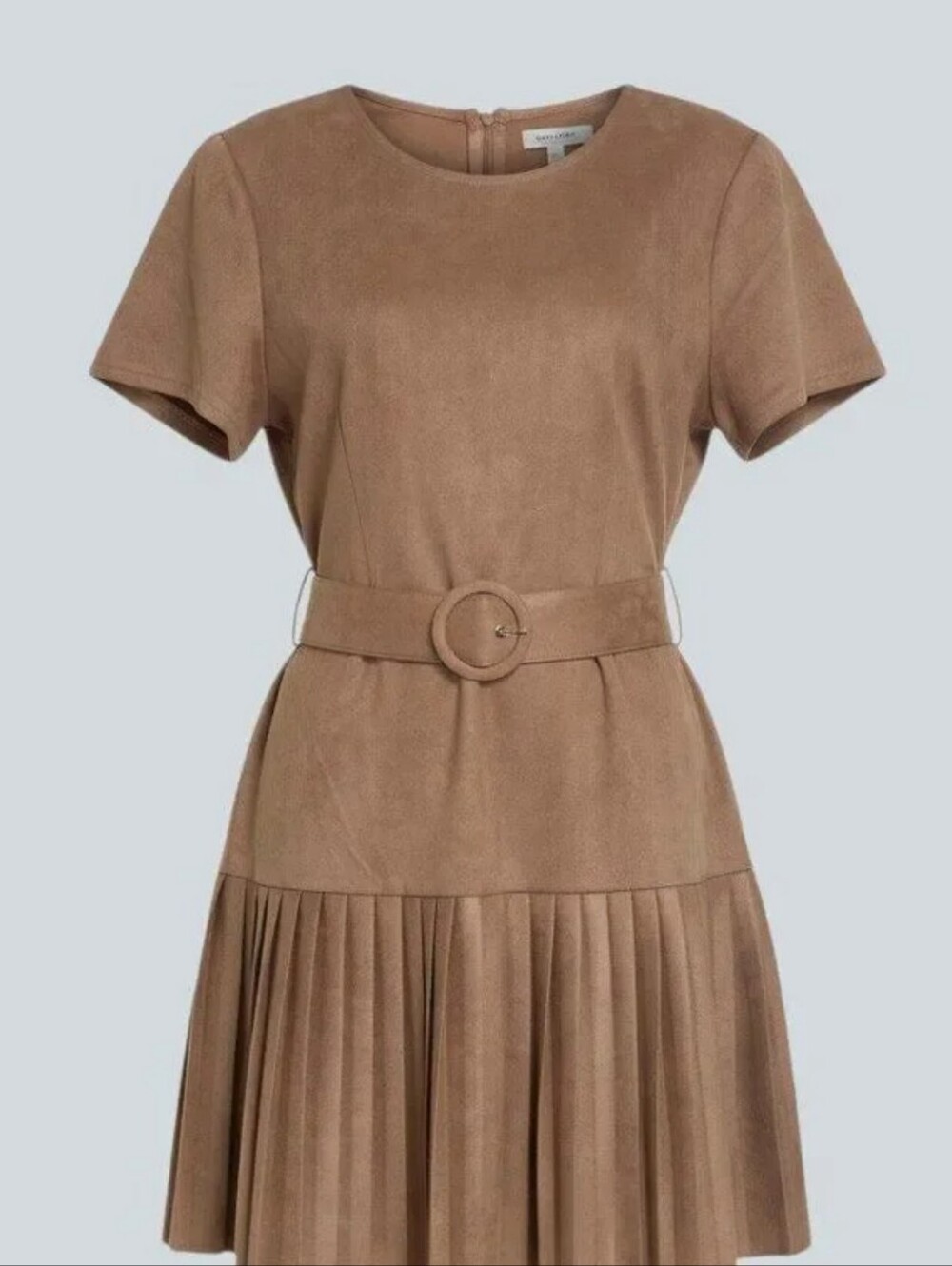Elizabeth & Nicole Faux Suede Pleated Mini Dress Camel Tan Belted Short Sleeve W